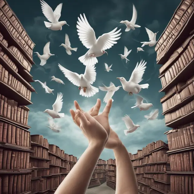 An image of a hand releasing five doves, each carrying a book, into a sky filled with books symbolizing the Big Five publishers