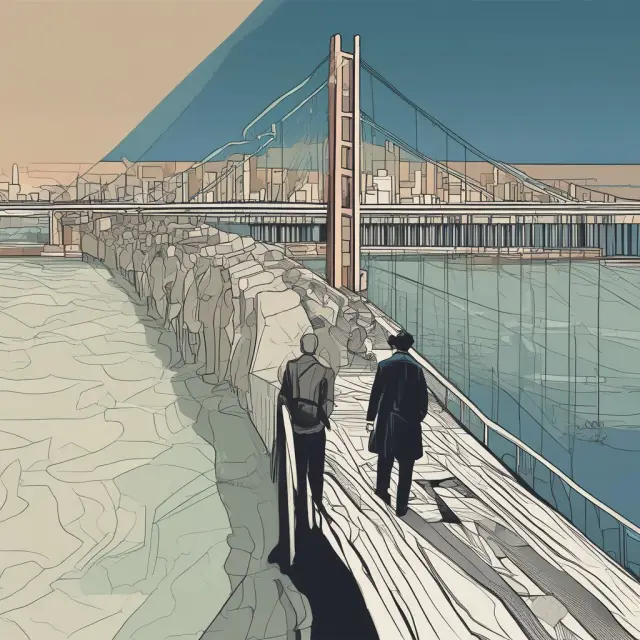 An ombudsman, symbolized as a bridge, brings together parties in dispute to facilitate resolution