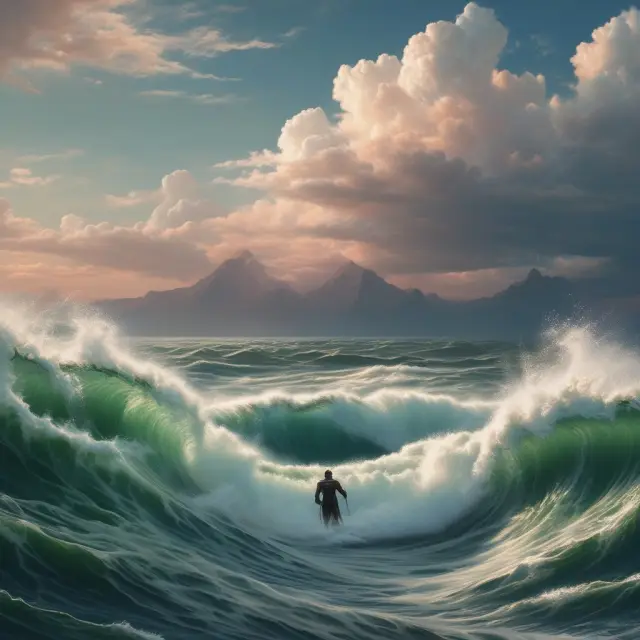 Illustration of Omega, Delta, and Gamma in option trading: Omega (a wave) rides on the sea of delta (waves), and gamma (wave shaper) influences the waves