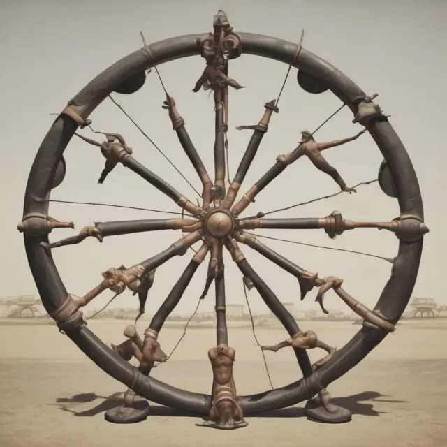 A group of delta figures dancing around the circumference of a large omega wheel, representing the relationship between option Greeks, underlying prices and their dynamic interplay.