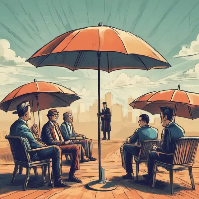 Institutional investors pooling resources under a single umbrella, represented by a large, protective umbrella symbolizing an omnibus account.