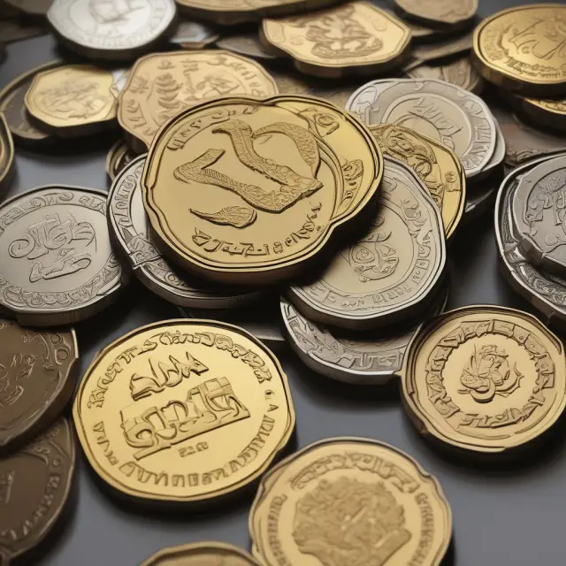 An image of a golden Omani rial coin bridging differences among diverse Omani tribes, symbolizing unity and economic stability