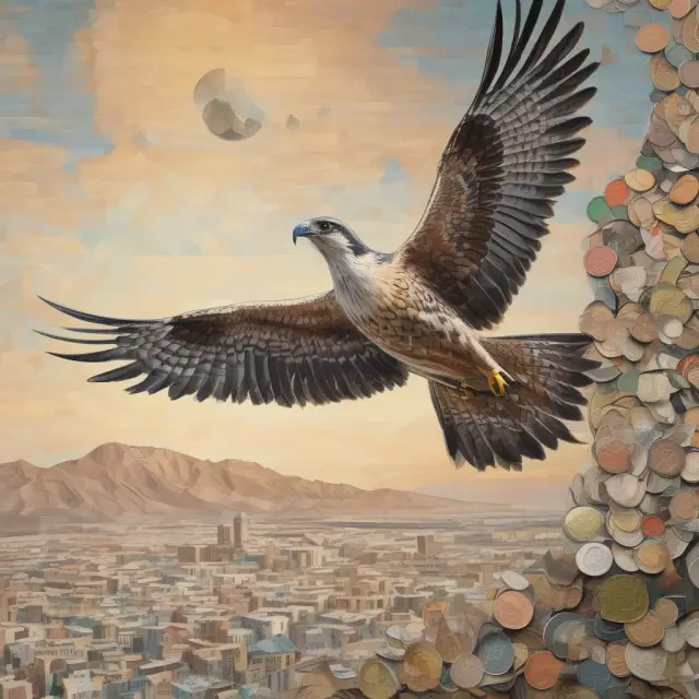 An image of a falcon flying over a collection of Omani rial coins and banknotes, representing the diverse designs and denominations in Oman
