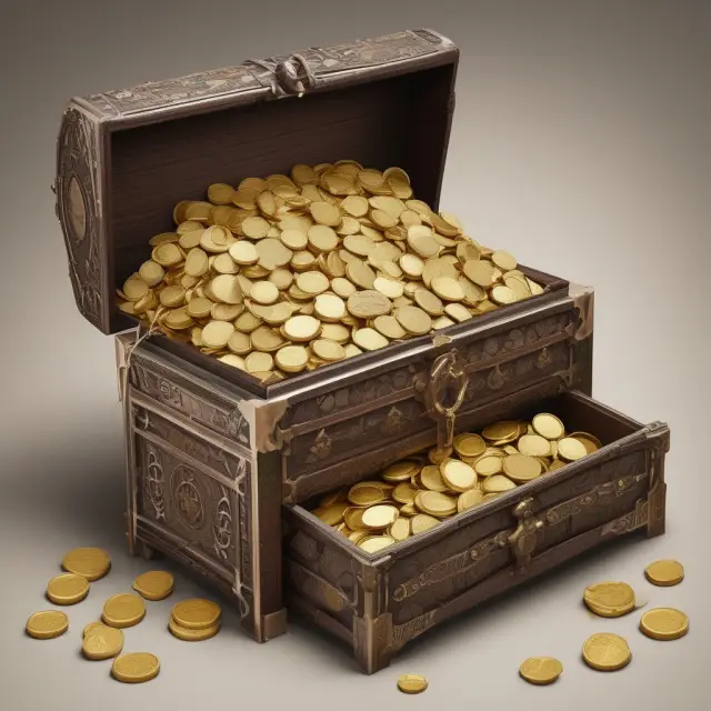 Golden treasure chest with an Omani rial at its core, representing the currency