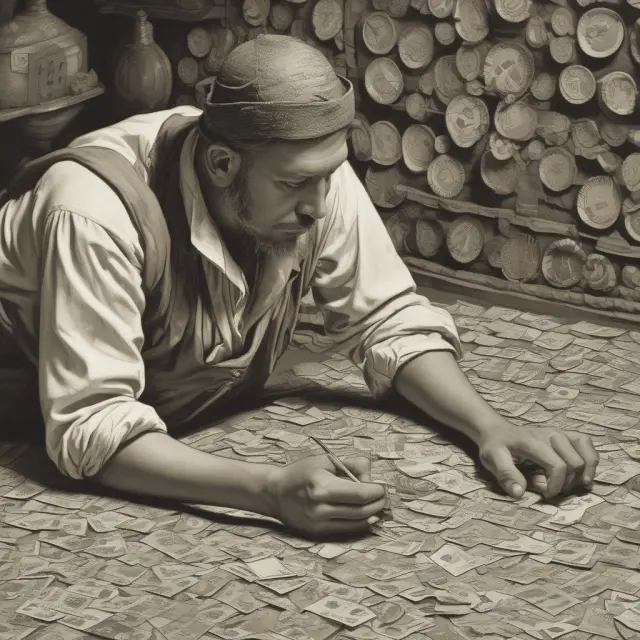 A pearl diver carefully compares the Omani rial, UAE Dirham, and Saudi Arabian Riyal, symbolizing regional currency analysis.