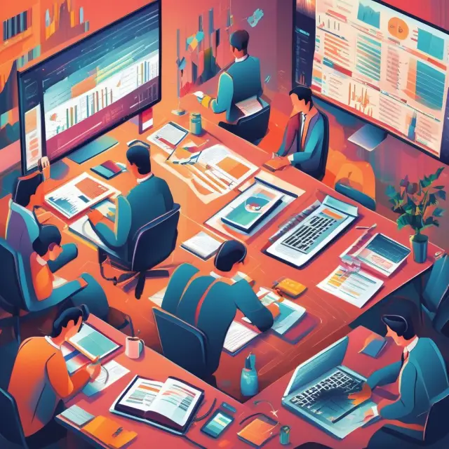 Traders working together around a digital table, examining real-time OMS reports and analytics to make informed decisions
