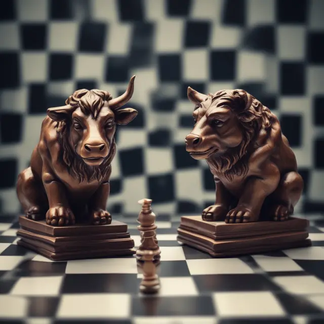 Golden bull and bear figures navigate an intricate financial chessboard, illustrating key factors for choosing the right Order Management System