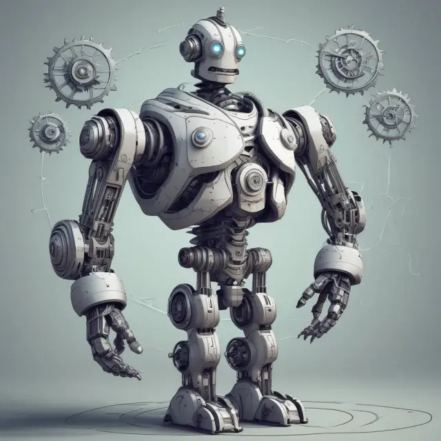 A robot manages a dance of gears representing workflows in an Order Management System, optimizing ecommerce business operations.