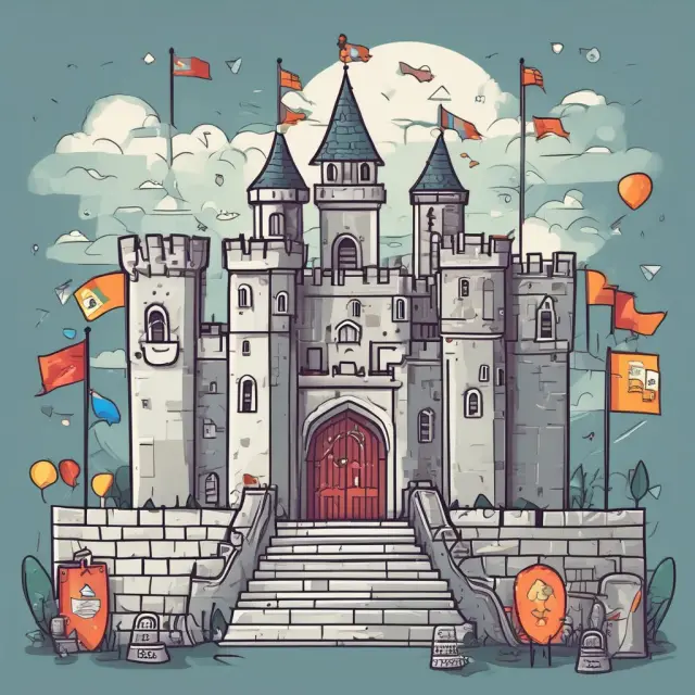 Castle representing secure order management system with encryption towers, regulatory flags, and user authentication knights