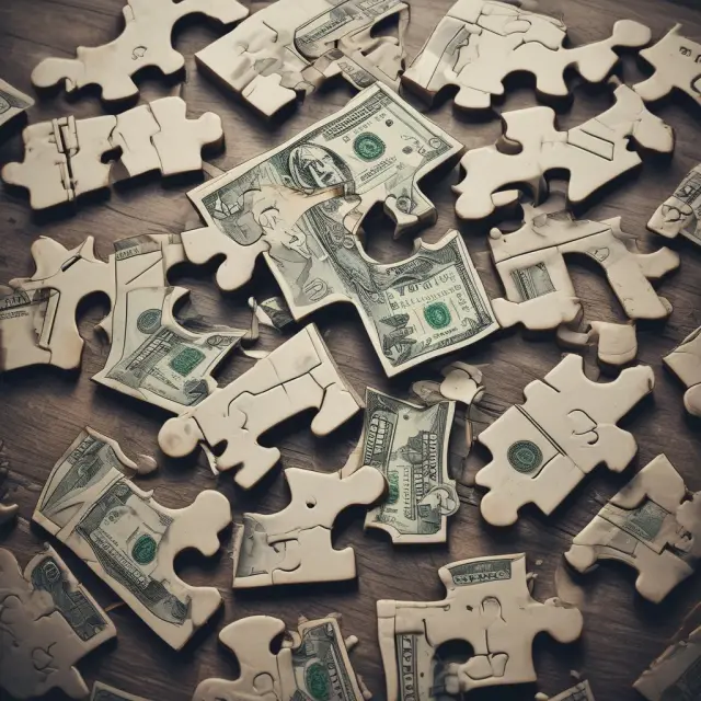 On account transactions illustrated as an intricate puzzle consisting of interconnected cash, inventory, and accounts payable pieces.
