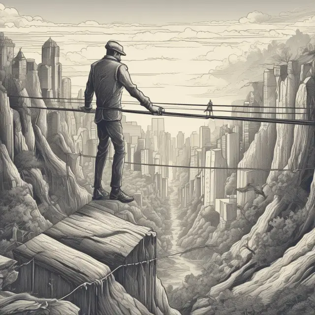 Tightrope walker balancing on invoices, symbolizing the risks and rewards of on account transactions