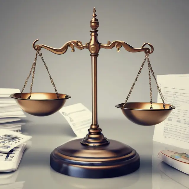 Double-entry bookkeeping scale with symbols representing on account transactions and invoices, maintaining balance.