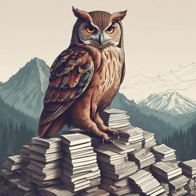 Wise owl analyzing mountains of data representing positive and negative OBV volumes in financial markets.