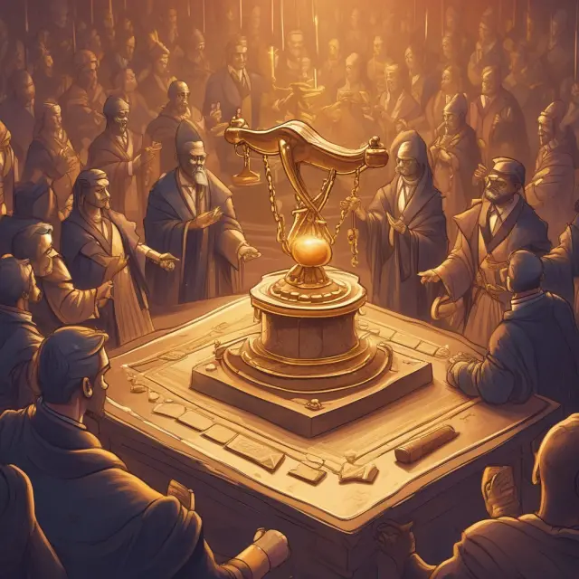 On-chain governance: Nodes casting votes as golden gavel-wielding figures on a decentralized platform.
