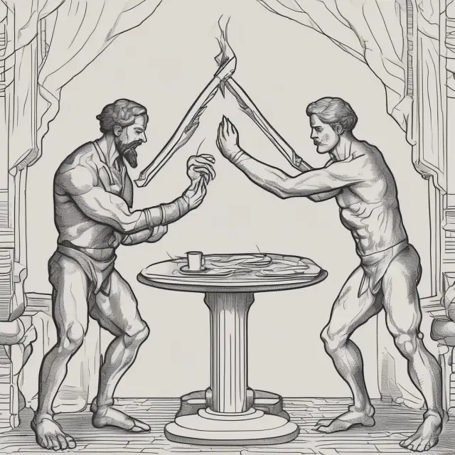 Centaurs representing developers and miners discussing Ethereum fork options, emphasizing concerns around centralization and hard forks