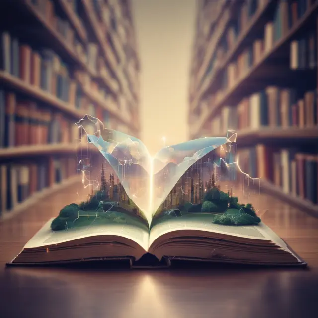 An open book within a digital blockchain landscape, representing the transparency inherent in on-chain governance.