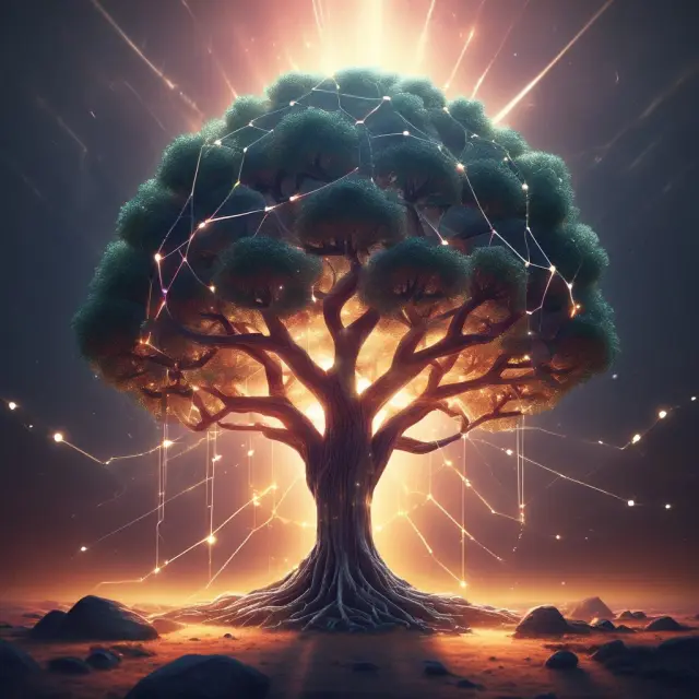 Nodes voting in an on-chain governance system depicted as sunbeams casting votes onto a crystalline tree, representing decentralized decision-making and network growth