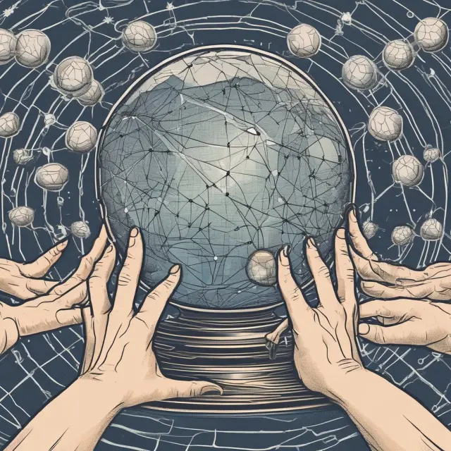 A crystal ball filled with interconnected nodes and hands reflecting decision-making through on-chain governance