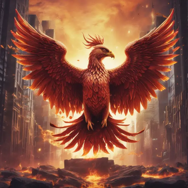 A mythical Phoenix reborn from the ashes, representing the resilience and innovation of bank holding companies amidst regulatory pressures, technological disruptions, and changing demographics.