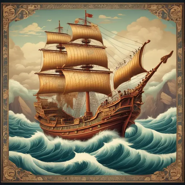 A traditional Chinese junk sails through tranquil waters, carrying a map of the Maritime Silk Road