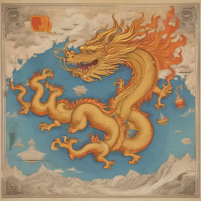 A golden dragon breathes fire over an intricate map of One Belt One Road, illustrating the Chinese yuan