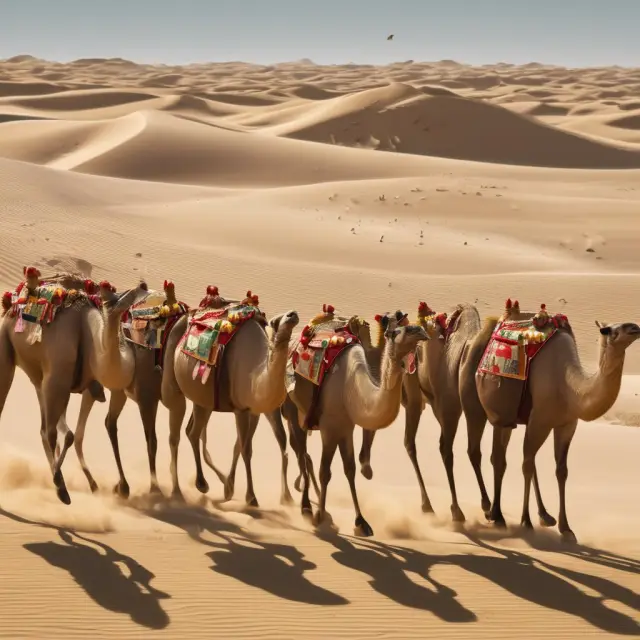 Golden coins being carried by a caravan of camels, symbolizing China