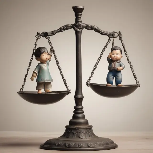 A scale balances a lone child against the world, representing China