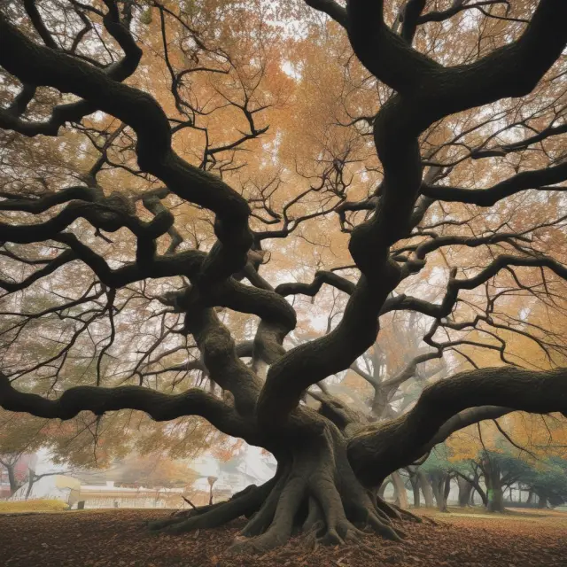 An aging tree with falling leaves symbolizing the demographic changes in China as a result of the one-child policy, highlighting labor shortages and increased government spending on social services.