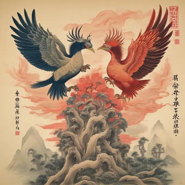 Two vibrant, mythical phoenixes rising from an aged, faded one-child policy scroll, symbolizing China