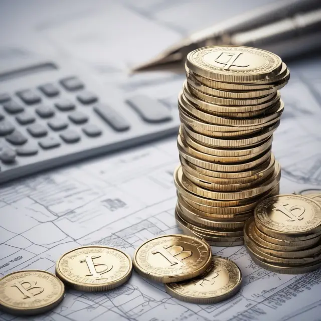 Golden coins representing property value, repairs and renovations on a blueprint next to a calculator, illustrating the calculation of base rent using the One Percent Rule.