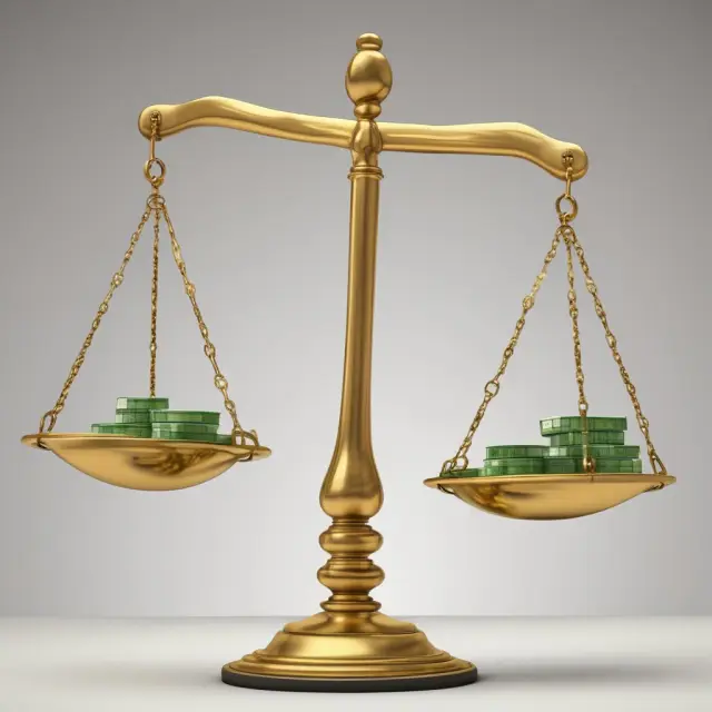 Justice scales with a gold coin (one percent rule) and an hourglass (gross rent multiplier) representing real estate investment evaluation.