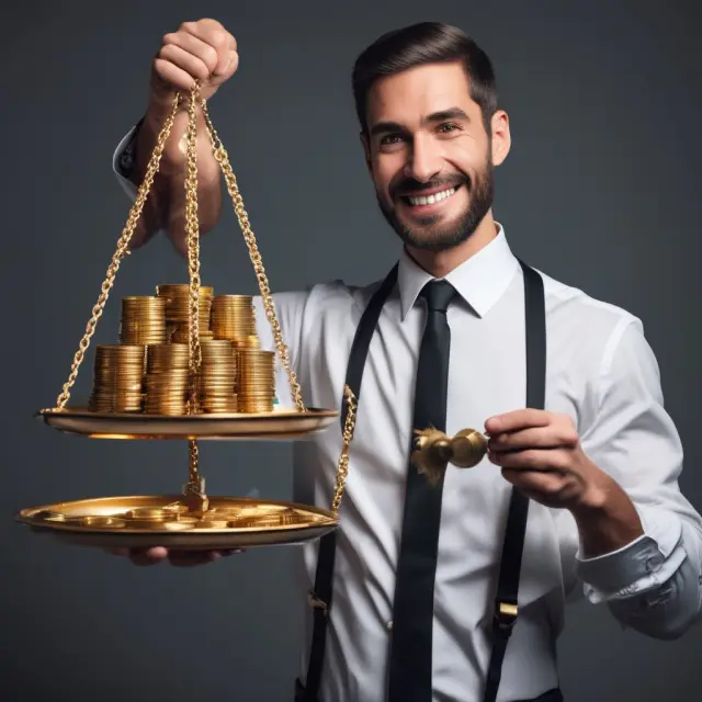 A prosperous investor weighing gold coins representing potential rent and mortgage payments, employing the one percent rule in real estate investment decision-making process