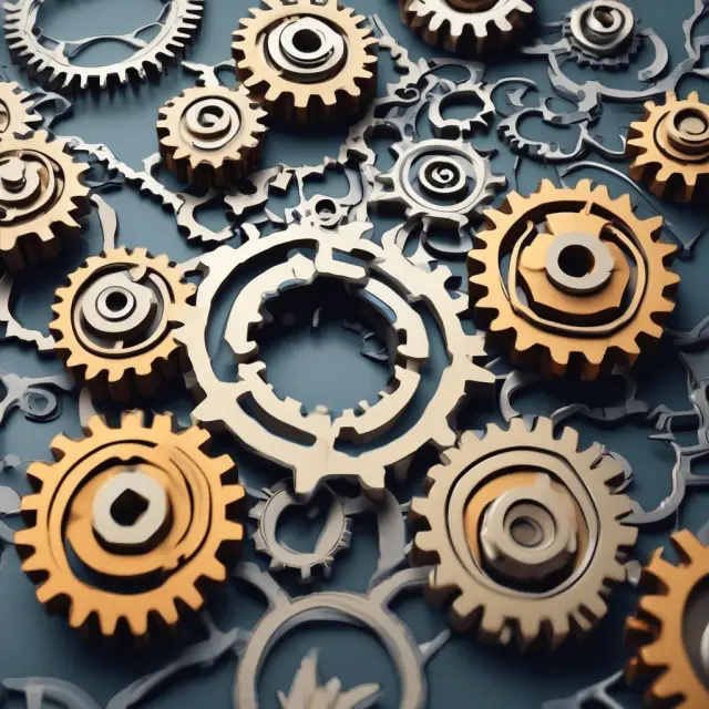 A scene where capital and technology gears mesh together, representing the intricate relationship between labor productivity and its contributing factors.