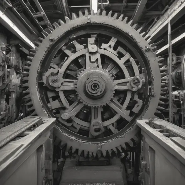 An intricate gear system representing capital investments efficiently transforming labor hours into increased productivity