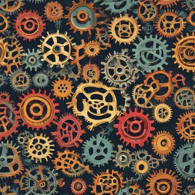 A blend of gear cogs representing labor, intertwined with knowledge books illustrating human capital impact on labor productivity
