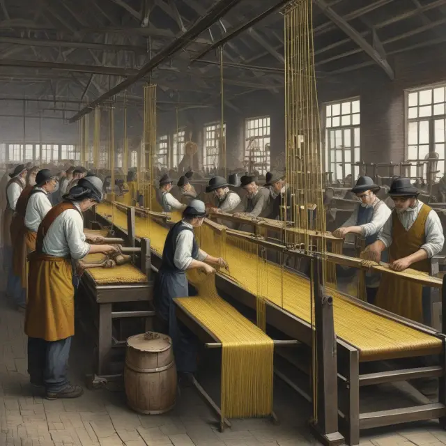 Workers weaving golden threads in a factory during the Industrial Revolution, representing increased labor productivity and economic growth