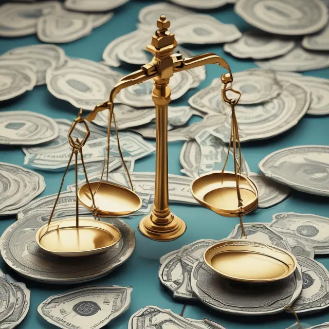 Two sets of scales balanced with gold coins symbolizing recurring revenues, while a pile of silver coins represents non-recurring charges. The final balance reflects long-term financial stability.