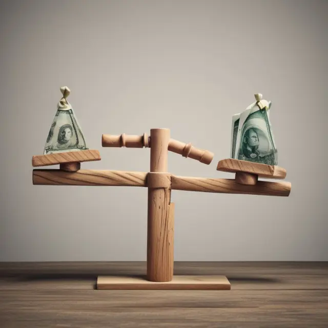 Visualization of a balance beam representing income statement, with weighted gain and loss blocks symbolizing one-time impacts