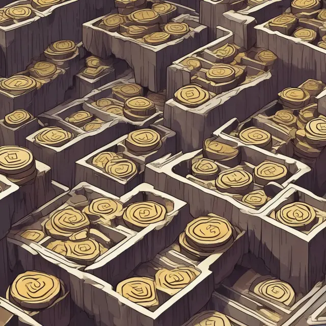 An intricate, maze-like OneCoin exchange with coins disappearing and sellers out of reach