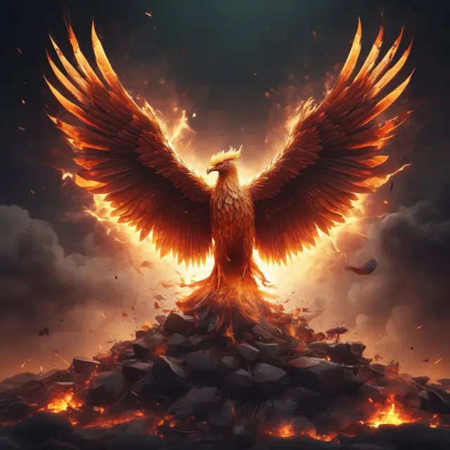 Phoenix emerging from broken OneCoin tokens, representing regulatory advancements in cryptocurrency industry