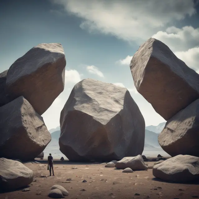 Three companies, represented as people, struggle to lift boulders labeled 