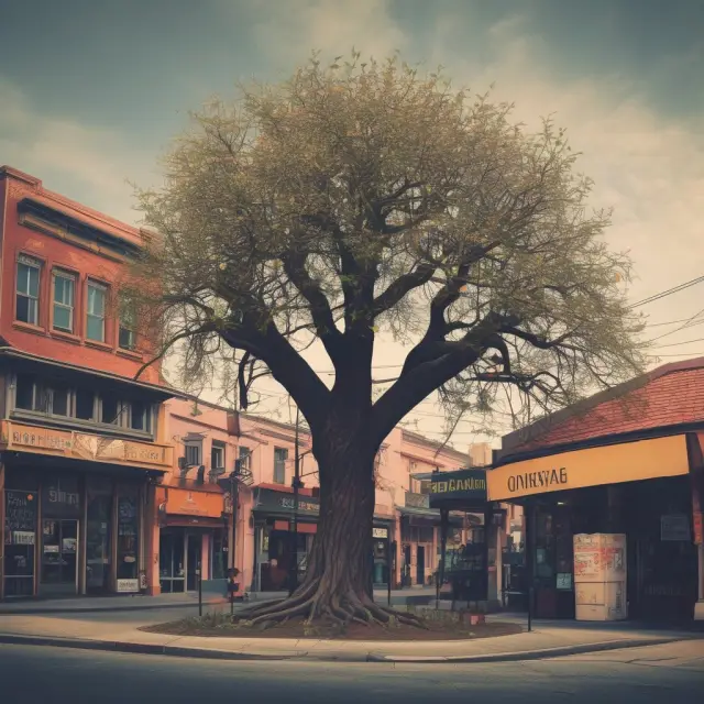 A tree with multiple branches, each bearing symbols of different businesses representing the concept and diversity of One-Stop Shops