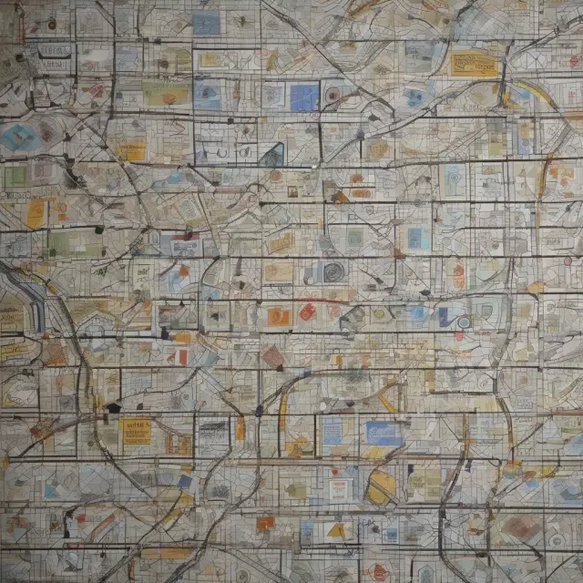 Mosaic tile floor with interconnected tiles representing various businesses and services under a single institution