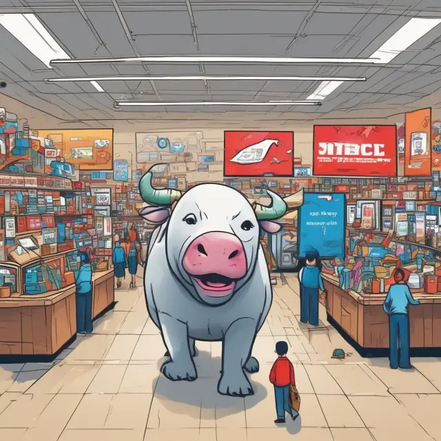A vibrant financial marketplace with Merrill Lynch, Ally Bank, and HSBC logos merging into a single interconnected supermarket, illustrating the concept of one-stop shops.
