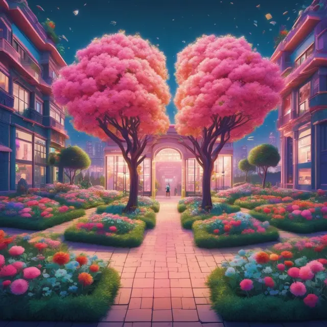 Digital garden with fintech and traditional financial institution flowers, representing collaboration and innovation in financial one-stop shops