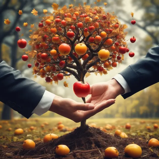 Trader profiting from successful one-touch S&P 500 option trade by grasping ripe fruit and letting go of falling leaf representing contract