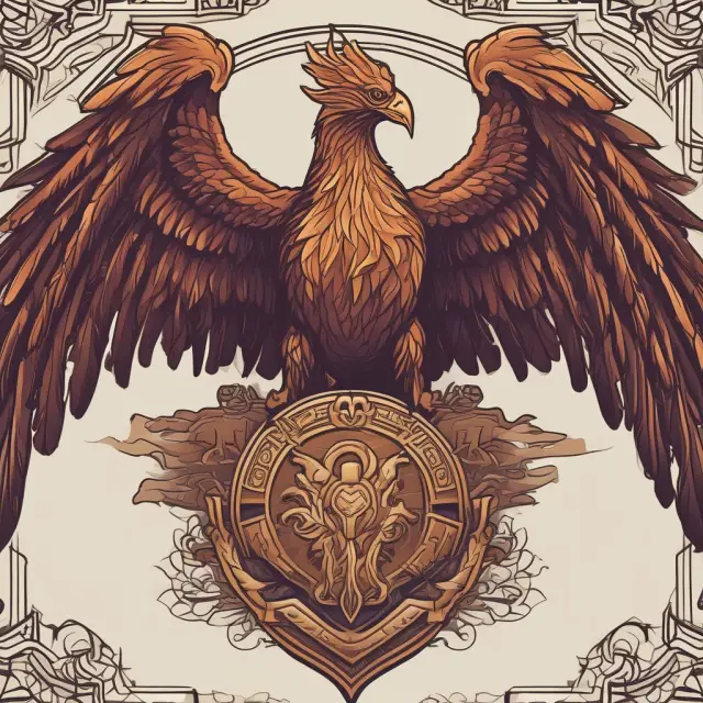 An image of a fiery phoenix holding a shield adorned with charts, symbols, and industry news, defending an online shop from pirates and shoplifters.