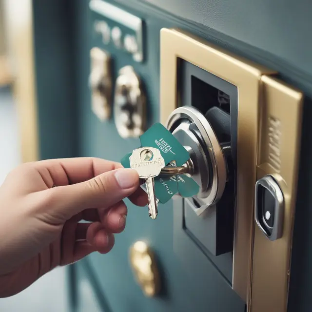 Person unlocks digital banking vault with a key and accesses multiple bank cards