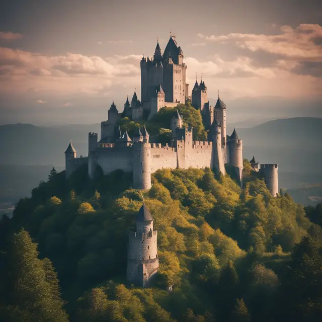 A sturdy castle shielded by advanced security measures, with a digital fortress at its heart representing the security of online banking.