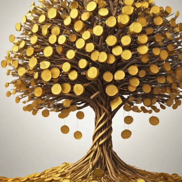 A lush, golden-hued tree bursting with digital coins symbolizing convenience, higher interest, and lower fees of online banking